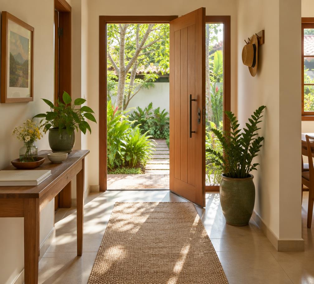 Entrada iluminada de uma casa com plantas